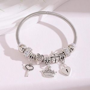 Stainless Steel Key & Heart Rhinestone Bracelet